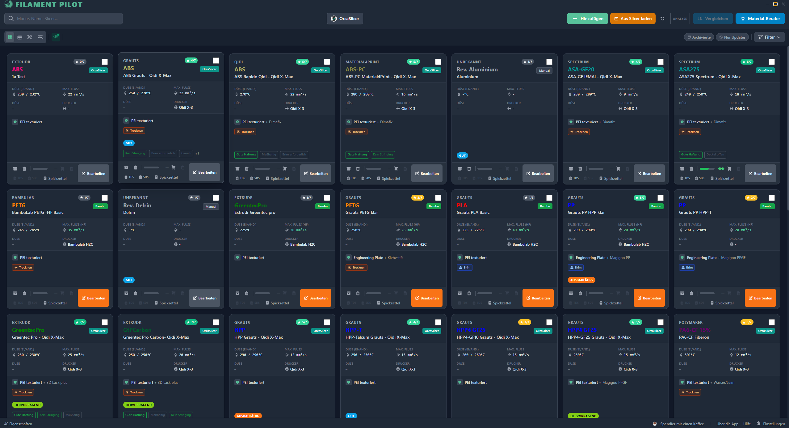 FilamentPilot — Filament-Archiv mit allen Karten
